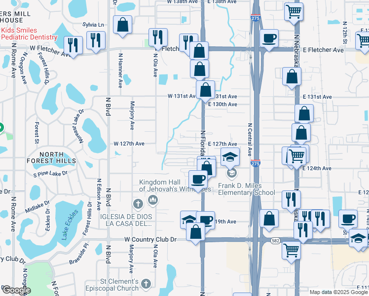 map of restaurants, bars, coffee shops, grocery stores, and more near 12428 North Florida Avenue in Tampa