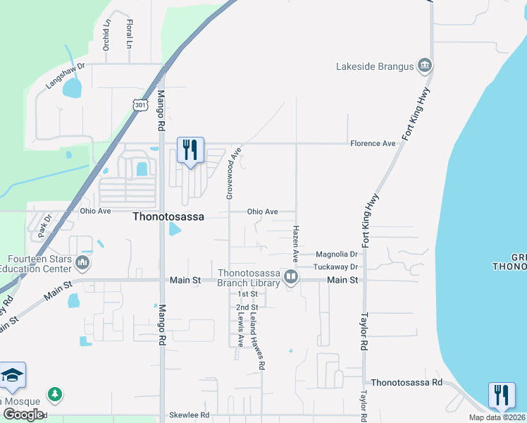 map of restaurants, bars, coffee shops, grocery stores, and more near 10720 Ohio Avenue in Thonotosassa