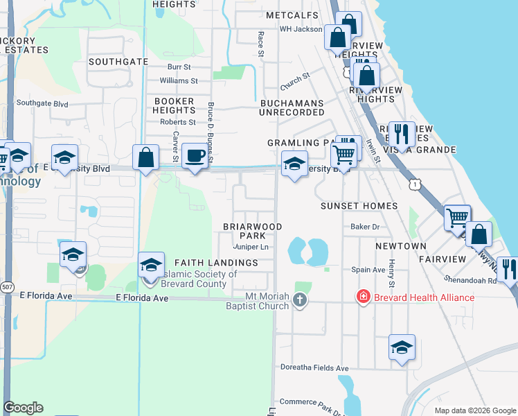 map of restaurants, bars, coffee shops, grocery stores, and more near 909 Juanita Circle in Melbourne