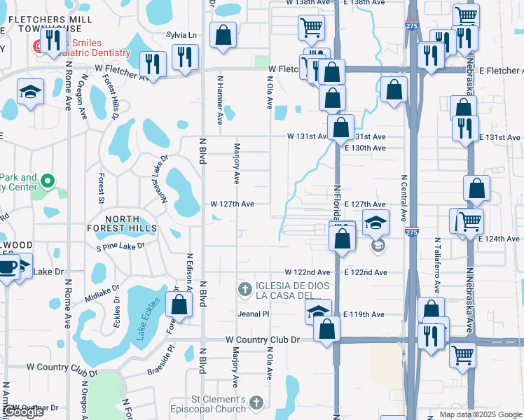 map of restaurants, bars, coffee shops, grocery stores, and more near 504 West 127th Avenue in Tampa