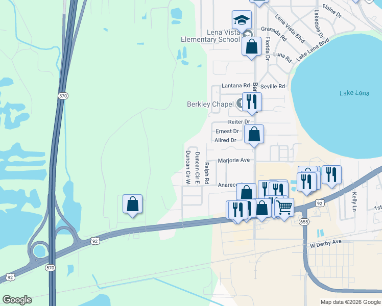 map of restaurants, bars, coffee shops, grocery stores, and more near 606 Duncan Circle West in Auburndale