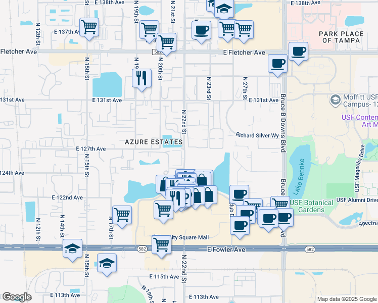 map of restaurants, bars, coffee shops, grocery stores, and more near 12730 University Club Drive in Tampa