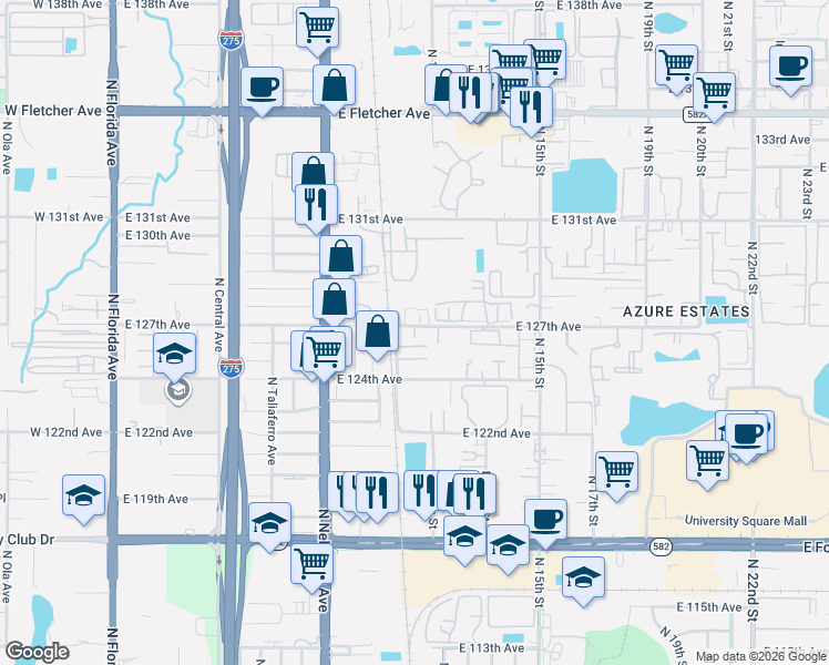 map of restaurants, bars, coffee shops, grocery stores, and more near 1112 East 127th Avenue in Tampa