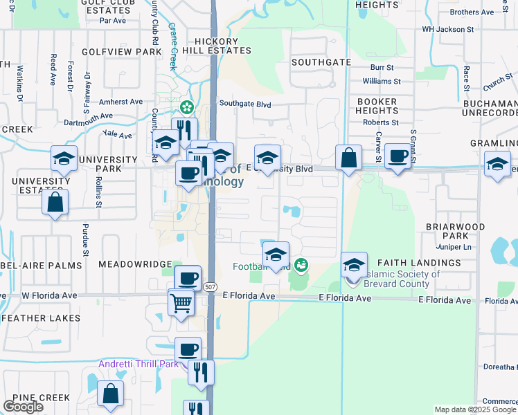 map of restaurants, bars, coffee shops, grocery stores, and more near 144 Bauer Drive in Melbourne
