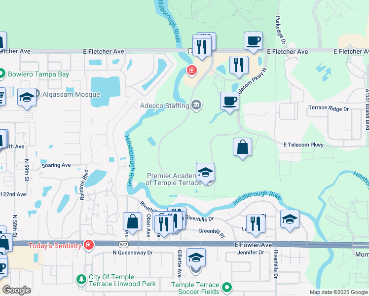 map of restaurants, bars, coffee shops, grocery stores, and more near 12653 Telecom Drive in Temple Terrace