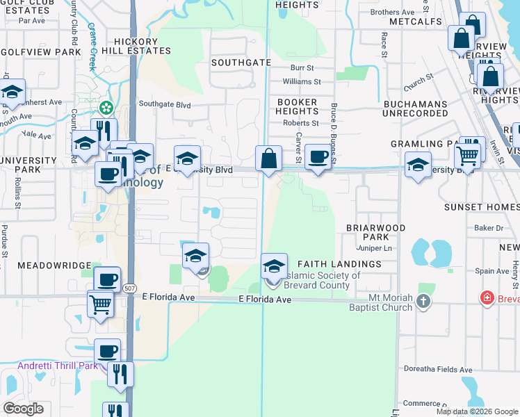 map of restaurants, bars, coffee shops, grocery stores, and more near 3125 Wiley Avenue in Melbourne