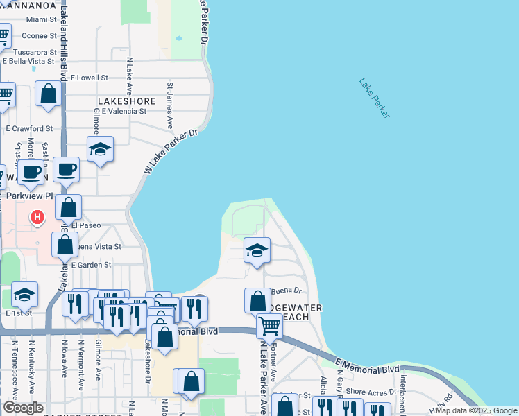 map of restaurants, bars, coffee shops, grocery stores, and more near 1304 Edgewater Beach Drive in Lakeland