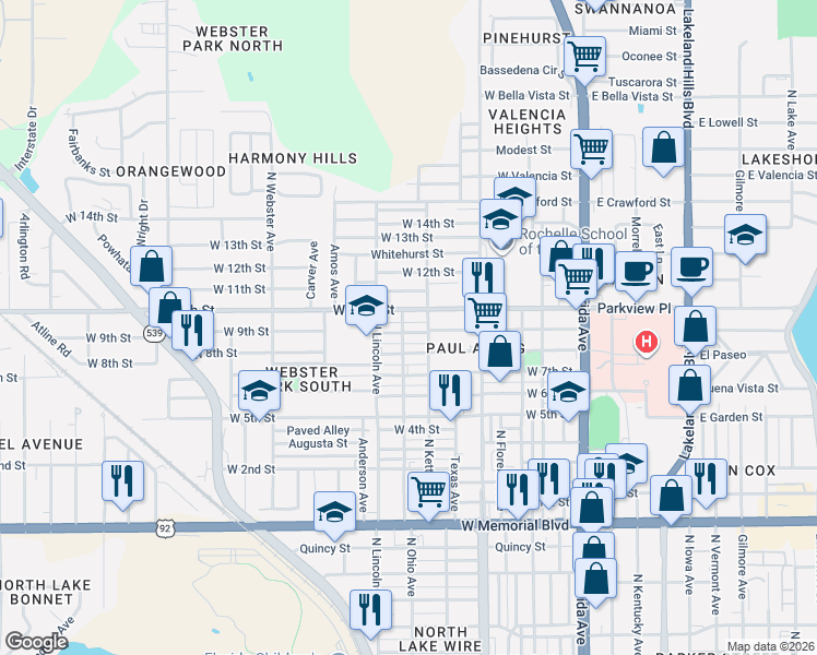 map of restaurants, bars, coffee shops, grocery stores, and more near 700 West 10th Street in Lakeland