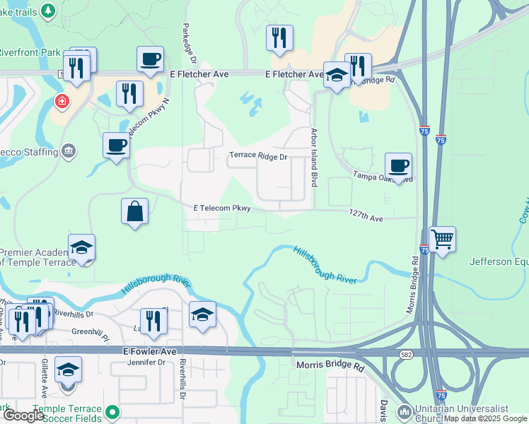 map of restaurants, bars, coffee shops, grocery stores, and more near 12943 Terrace Springs Drive in Temple Terrace