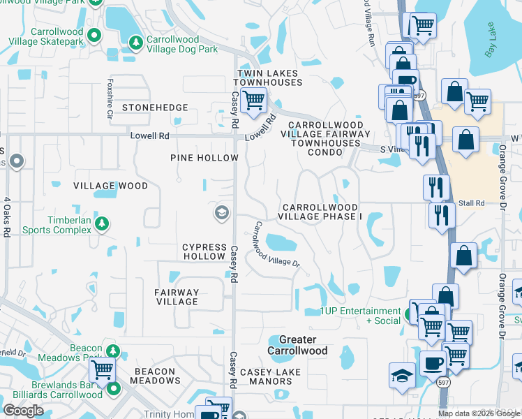 map of restaurants, bars, coffee shops, grocery stores, and more near 4404 Carrollwood Village Drive in Tampa