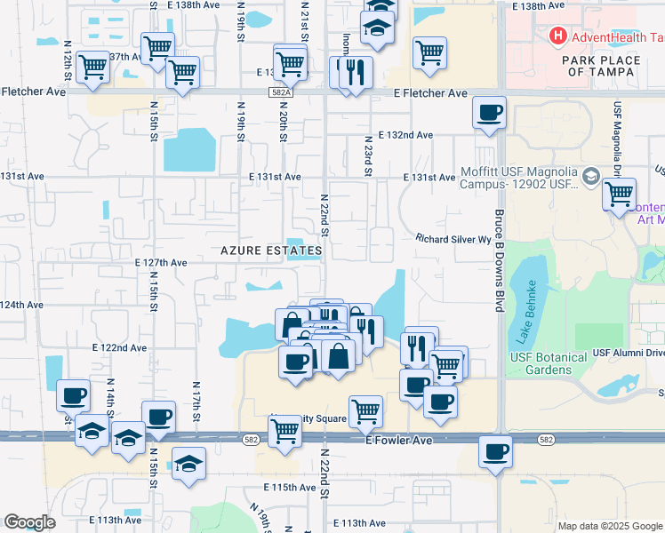 map of restaurants, bars, coffee shops, grocery stores, and more near 12730 University Club Drive in Tampa