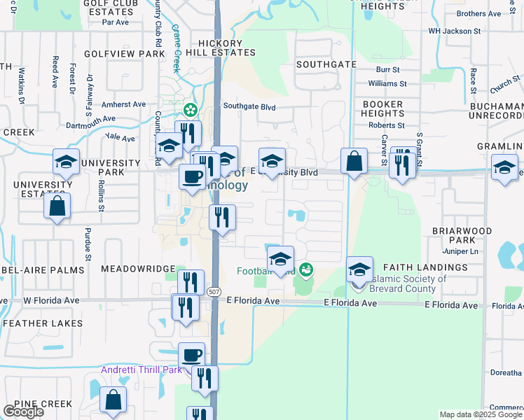 map of restaurants, bars, coffee shops, grocery stores, and more near 144 Bauer Drive in Melbourne