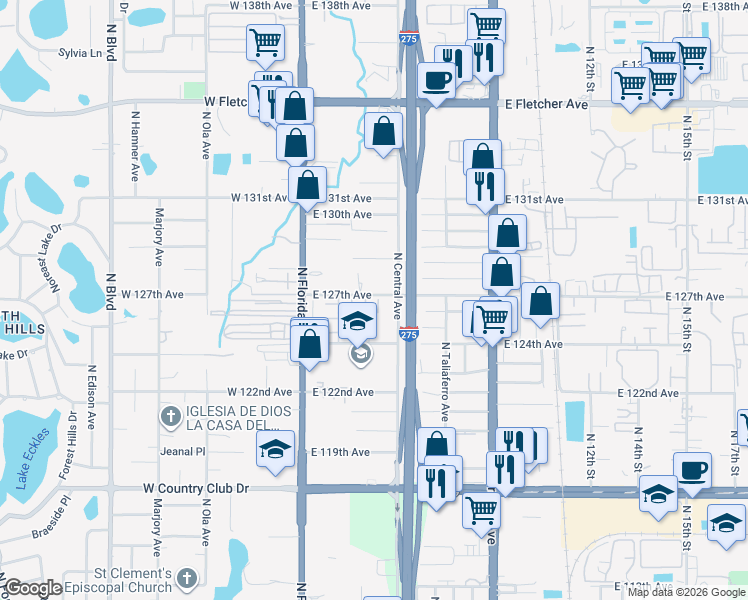 map of restaurants, bars, coffee shops, grocery stores, and more near 12405 Hibiscus Oak Place in Tampa