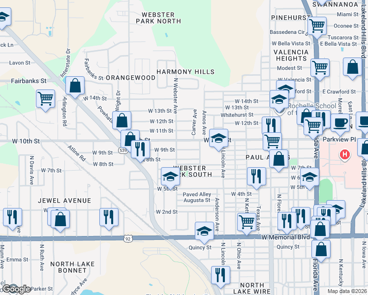 map of restaurants, bars, coffee shops, grocery stores, and more near 935 West 9th Street in Lakeland