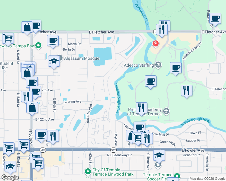 map of restaurants, bars, coffee shops, grocery stores, and more near 12011 Brightwater Boulevard in Tampa