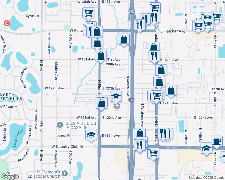map of restaurants, bars, coffee shops, grocery stores, and more near 204 Poinsettia Pine Court in Tampa