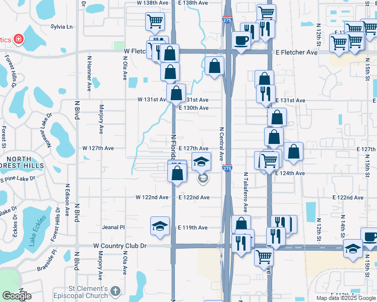 map of restaurants, bars, coffee shops, grocery stores, and more near 204 Poinsettia Pine Court in Tampa