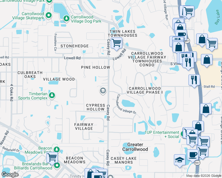 map of restaurants, bars, coffee shops, grocery stores, and more near 4412 Carrollwood Village Drive in Tampa