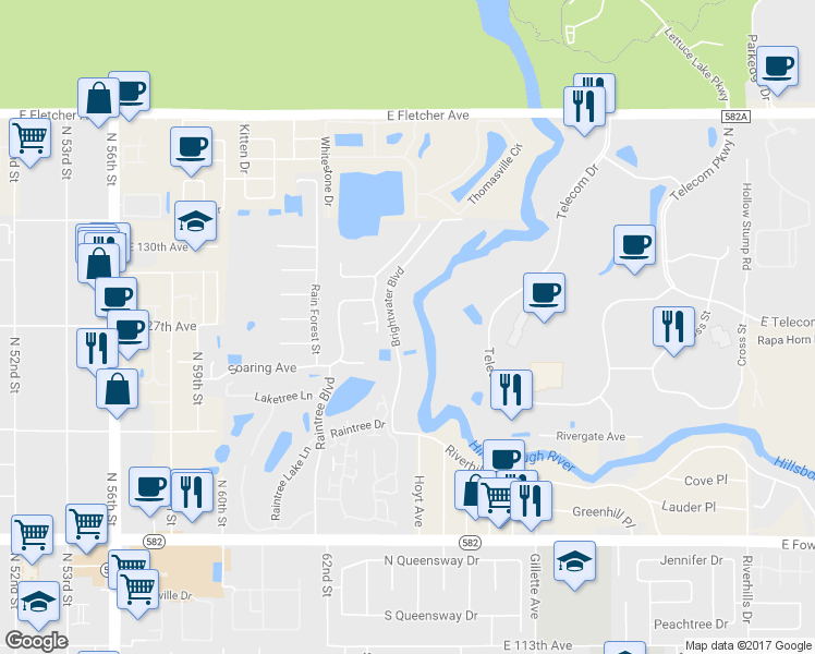 map of restaurants, bars, coffee shops, grocery stores, and more near 12011 Brightwater Boulevard in Tampa