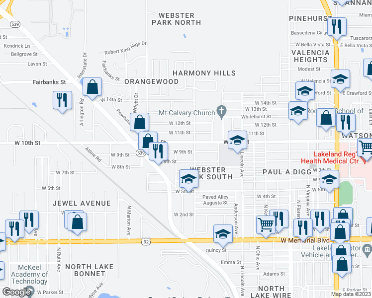 map of restaurants, bars, coffee shops, grocery stores, and more near 1022 West 10th Street in Lakeland