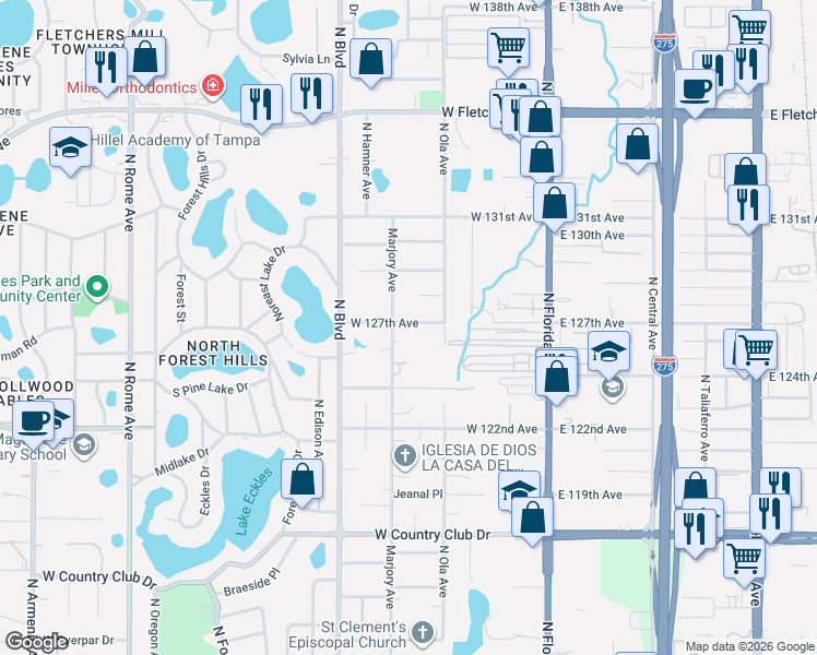 map of restaurants, bars, coffee shops, grocery stores, and more near 12701 Marjory Avenue in Tampa