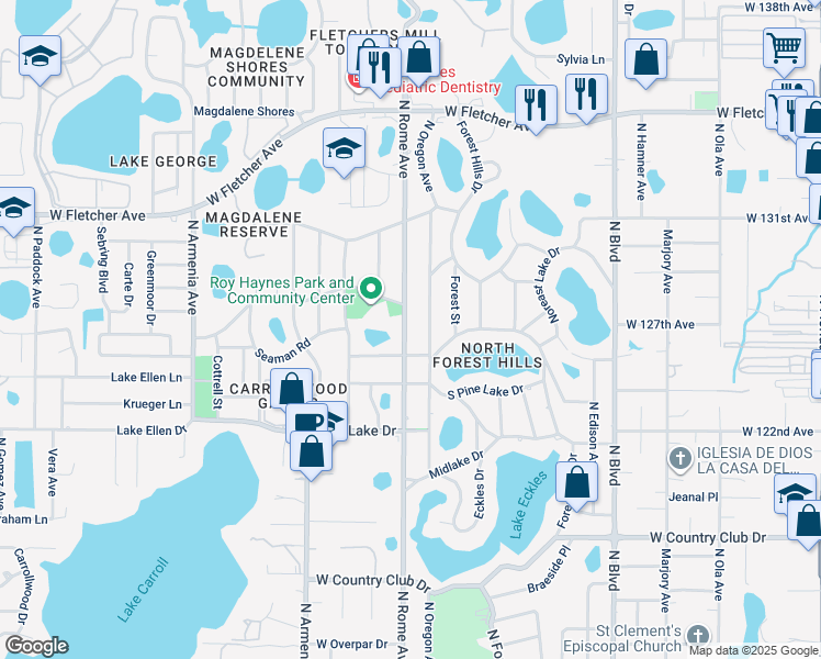map of restaurants, bars, coffee shops, grocery stores, and more near 12409 North Rome Avenue in Tampa