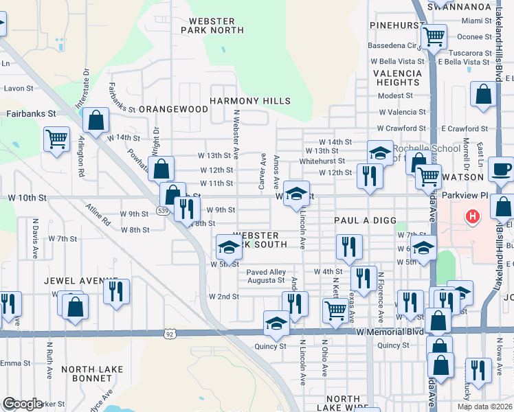 map of restaurants, bars, coffee shops, grocery stores, and more near 935 West Ninth Street in Lakeland