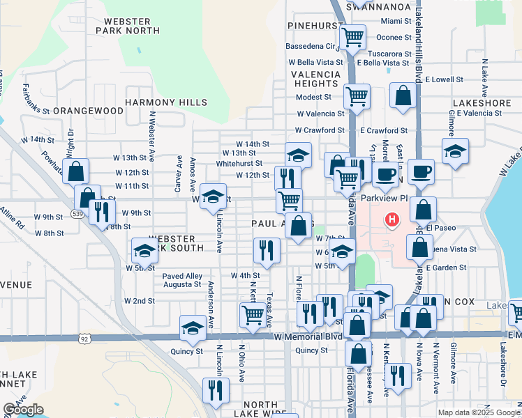 map of restaurants, bars, coffee shops, grocery stores, and more near 611 West 9th Street in Lakeland