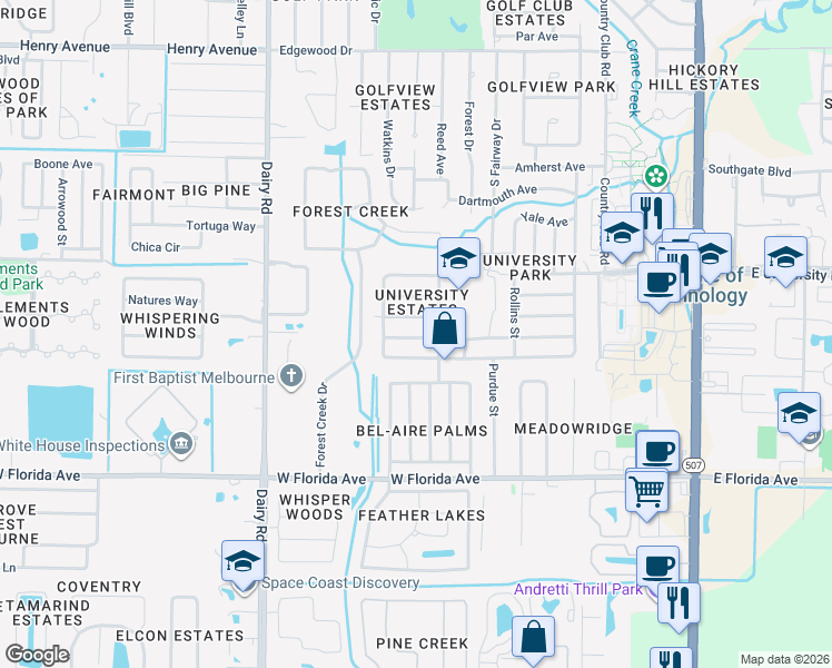map of restaurants, bars, coffee shops, grocery stores, and more near 624 Xavier Avenue in Melbourne