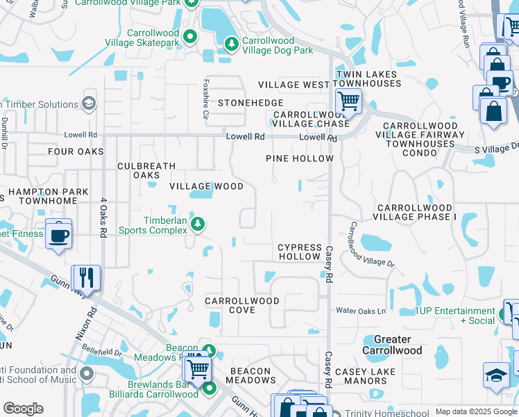 map of restaurants, bars, coffee shops, grocery stores, and more near 12843 Darby Ridge Drive in Tampa