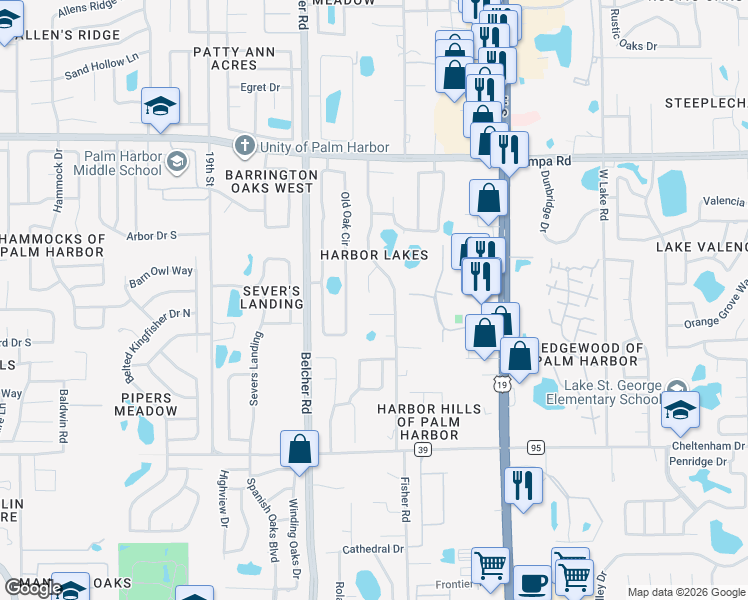 map of restaurants, bars, coffee shops, grocery stores, and more near 492 Willow Lane in Palm Harbor