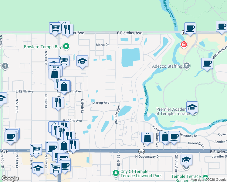 map of restaurants, bars, coffee shops, grocery stores, and more near 12506 Rain Forest Street in Tampa