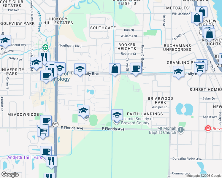 map of restaurants, bars, coffee shops, grocery stores, and more near 3125 Wiley Avenue in Melbourne