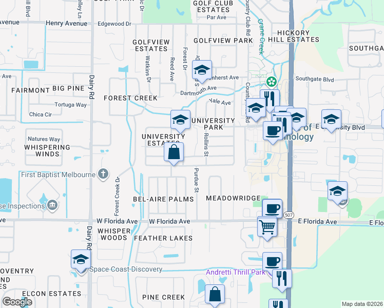 map of restaurants, bars, coffee shops, grocery stores, and more near 408 West Rutgers Street in Melbourne