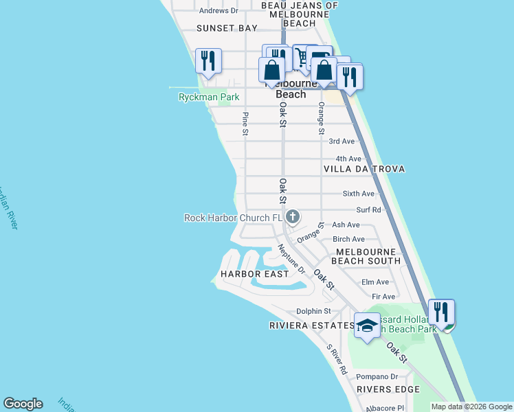 map of restaurants, bars, coffee shops, grocery stores, and more near 410 Surf Road in Melbourne Beach