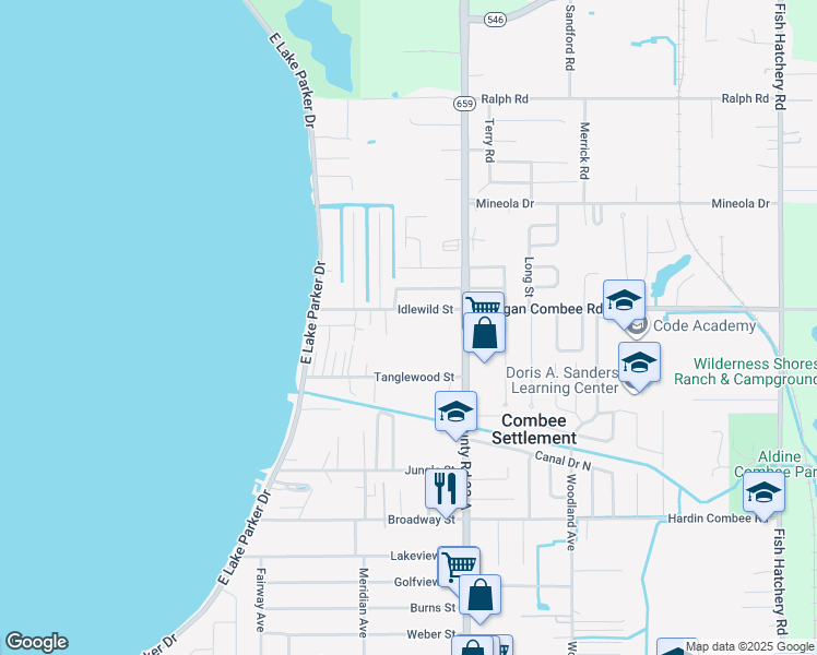 map of restaurants, bars, coffee shops, grocery stores, and more near 2501 Idlewild Street in Lakeland