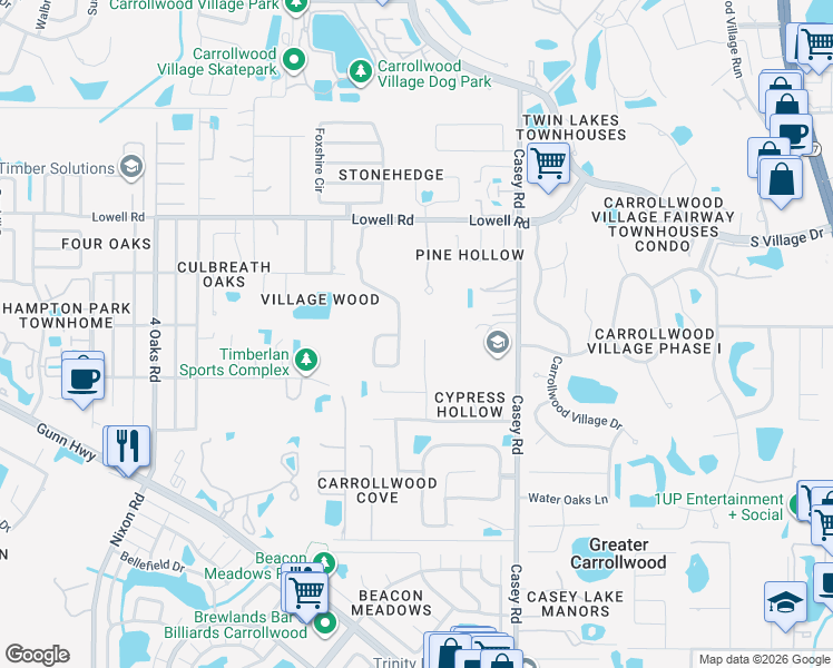 map of restaurants, bars, coffee shops, grocery stores, and more near 12216 Snead Place in Tampa