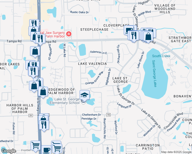 map of restaurants, bars, coffee shops, grocery stores, and more near 4655 Orange Grove Way in Palm Harbor