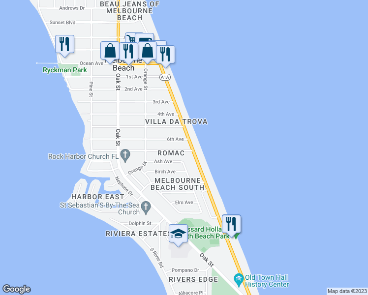 map of restaurants, bars, coffee shops, grocery stores, and more near 1606 Atlantic Street in Melbourne Beach