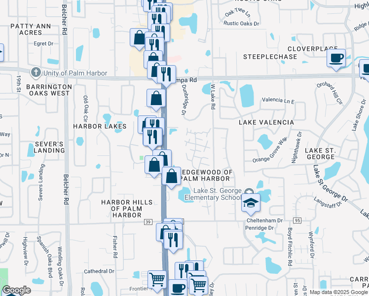 map of restaurants, bars, coffee shops, grocery stores, and more near 2614 10th Court in Palm Harbor