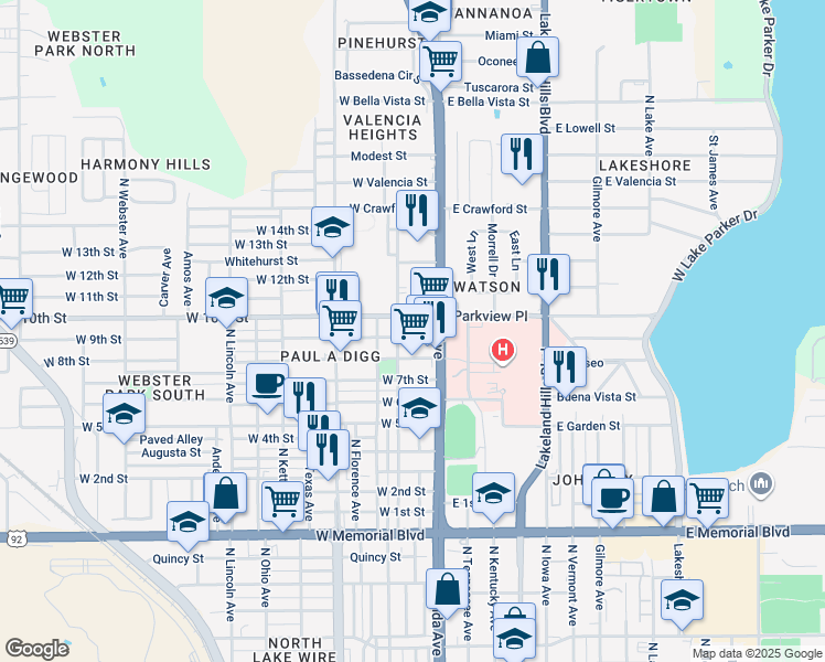 map of restaurants, bars, coffee shops, grocery stores, and more near 211 West 9th Street in Lakeland
