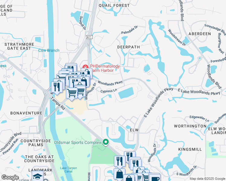 map of restaurants, bars, coffee shops, grocery stores, and more near 165 Cypress Lane in Oldsmar