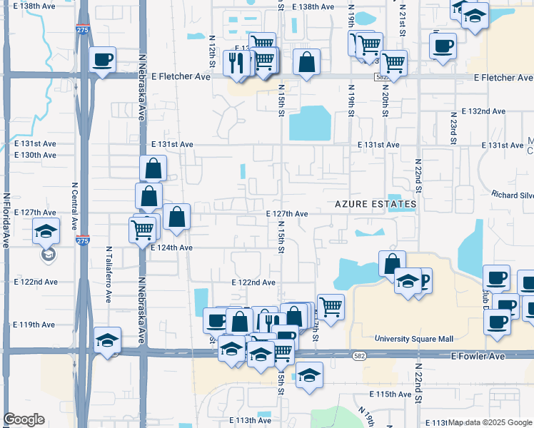 map of restaurants, bars, coffee shops, grocery stores, and more near 1407 E 127th Ave in Tampa