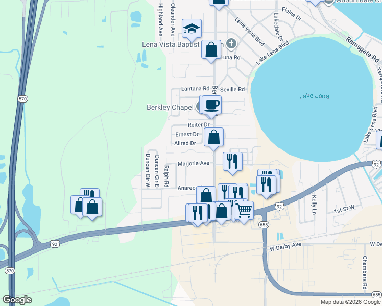 map of restaurants, bars, coffee shops, grocery stores, and more near 3010 Donovan Drive in Auburndale