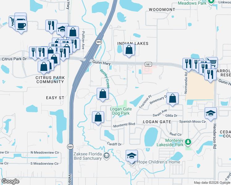 map of restaurants, bars, coffee shops, grocery stores, and more near 12713 Arlington Creek Lane in Tampa