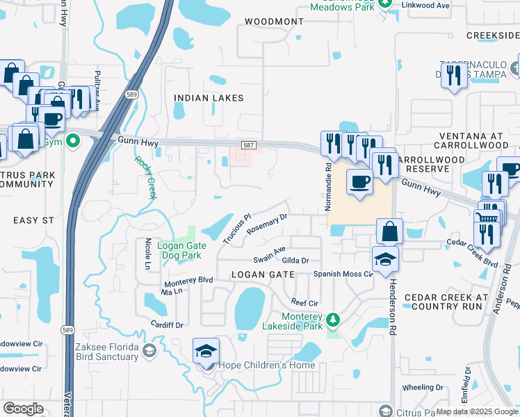map of restaurants, bars, coffee shops, grocery stores, and more near 12728 Trucious Place in Tampa