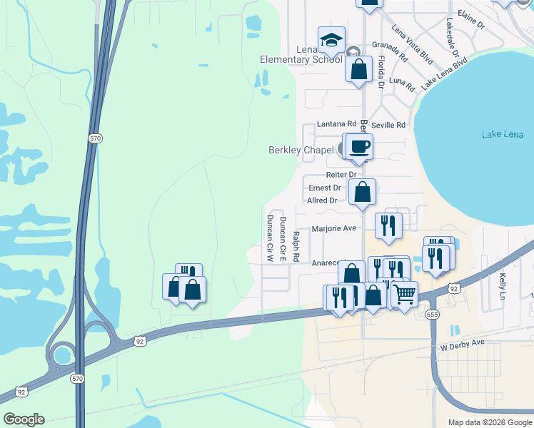 map of restaurants, bars, coffee shops, grocery stores, and more near 606 Duncan Circle West in Auburndale