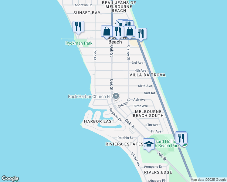 map of restaurants, bars, coffee shops, grocery stores, and more near 312 Surf Road in Melbourne Beach