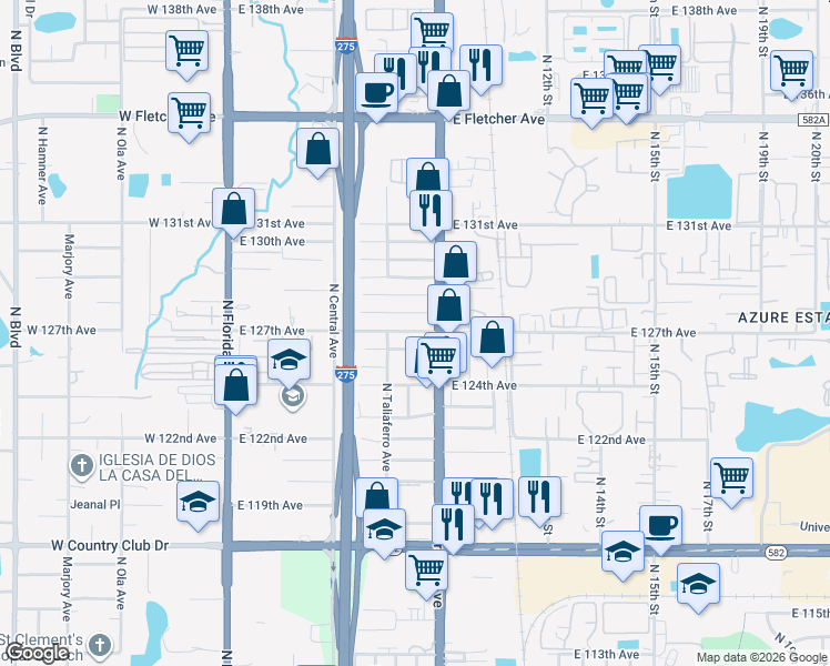 map of restaurants, bars, coffee shops, grocery stores, and more near 813 East 127th Avenue in Tampa
