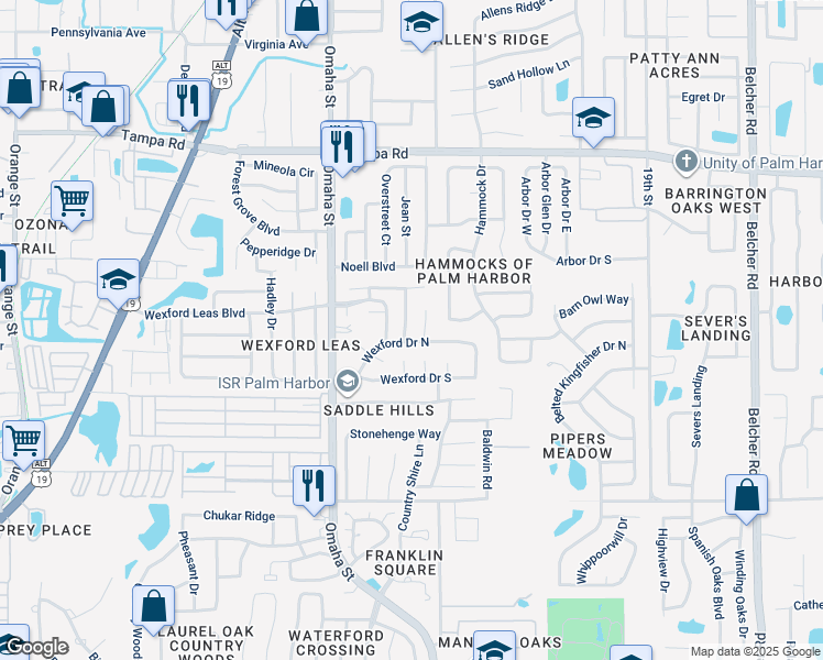 map of restaurants, bars, coffee shops, grocery stores, and more near 450 Oxford Road in Palm Harbor